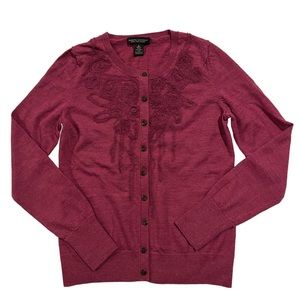 Banana Republic Wool Button Down Cardigan w/ Floral Embroidery, small, mauve